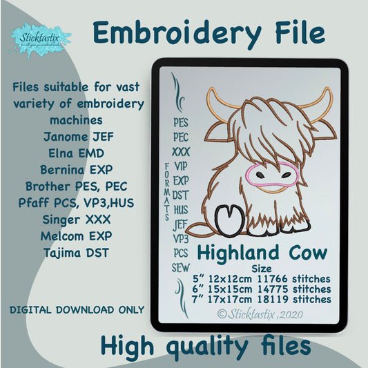 Highland Cow machine embroidery comes in 3 sizes..
