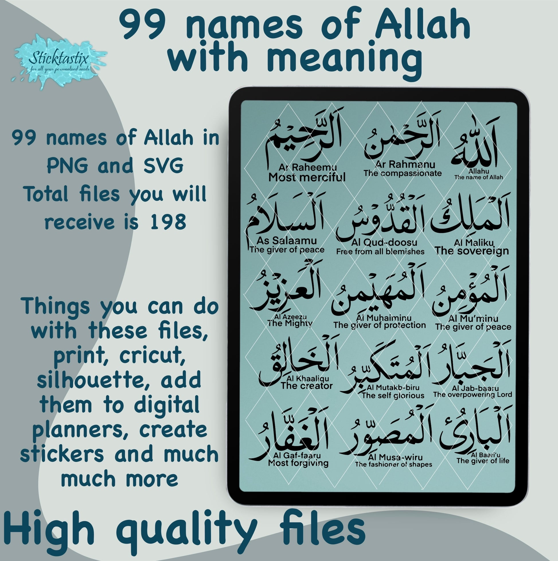 99 names of Allah with meaning English & Arabic Calligraphy SVG PNG, Digital Download files.