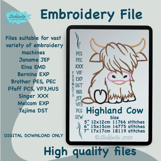 Highland Cow machine embroidery comes in 3 sizes.
